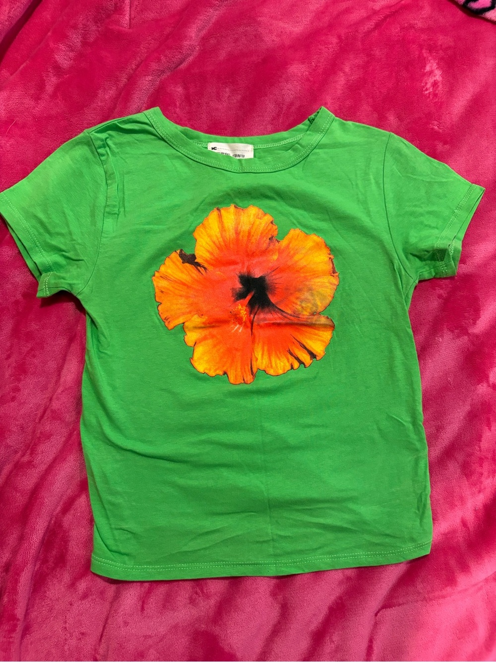 french pastry Bright Green Tee with Orange Floral Graphic